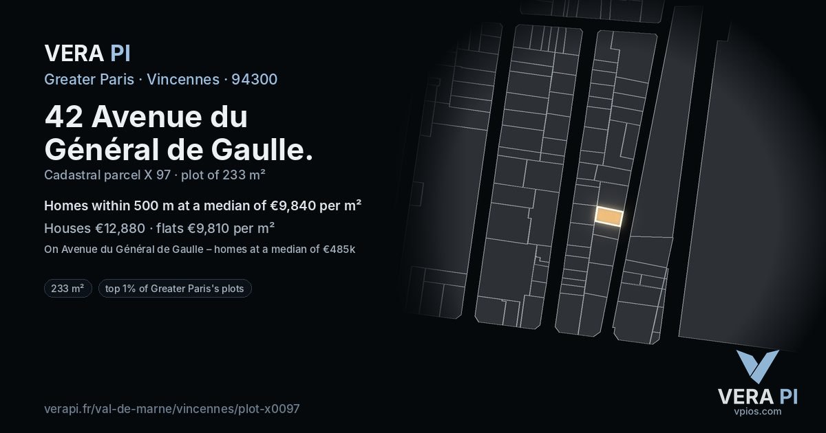 42 Avenue du Général de Gaulle, Vincennes at night – the plot lit, the parcels around coloured by the prices near them