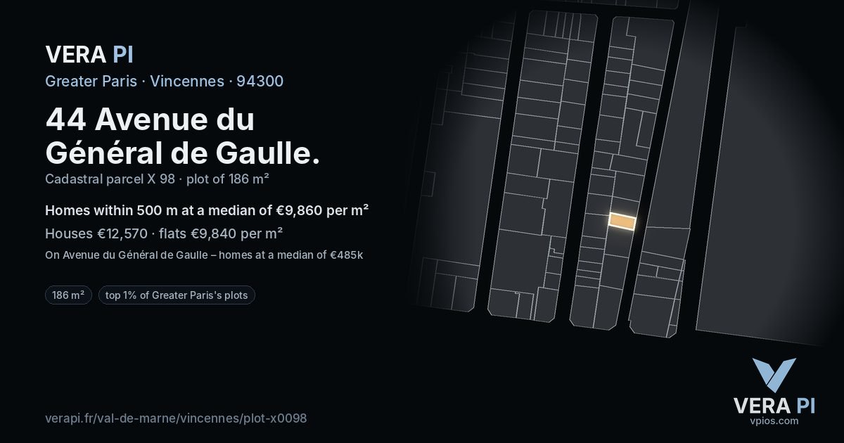 44 Avenue du Général de Gaulle, Vincennes at night – the plot lit, the parcels around coloured by the prices near them