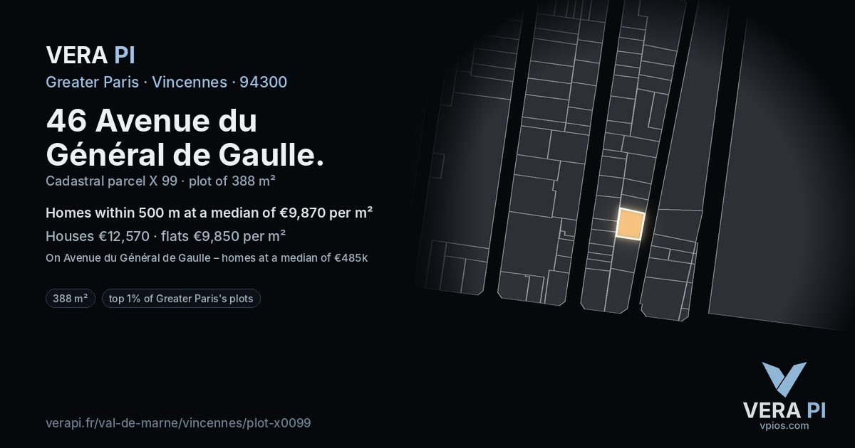 46 Avenue du Général de Gaulle, Vincennes at night – the plot lit, the parcels around coloured by the prices near them