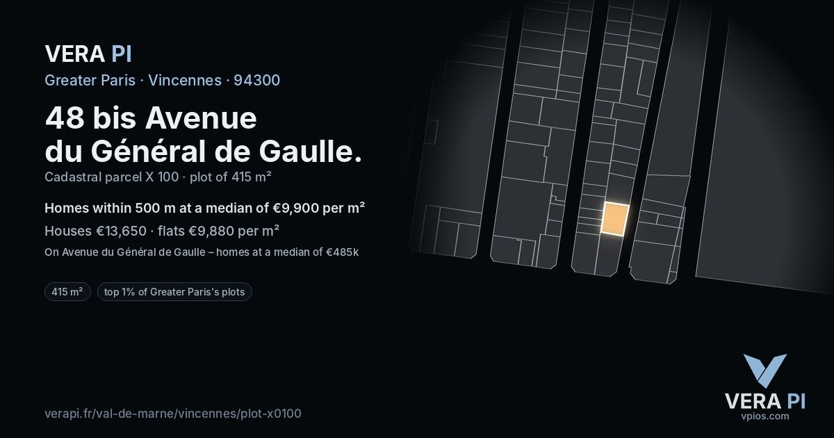 48 bis Avenue du Général de Gaulle, Vincennes at night – the plot lit, the parcels around coloured by the prices near them