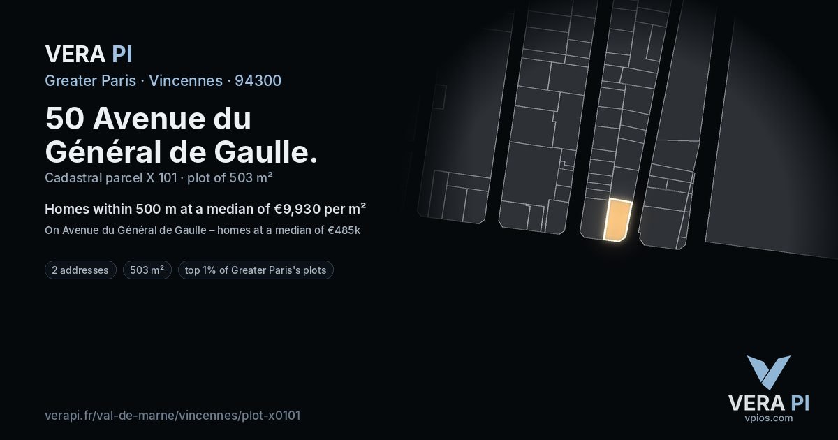 50 Avenue du Général de Gaulle, Vincennes at night – the plot lit, the parcels around coloured by the prices near them