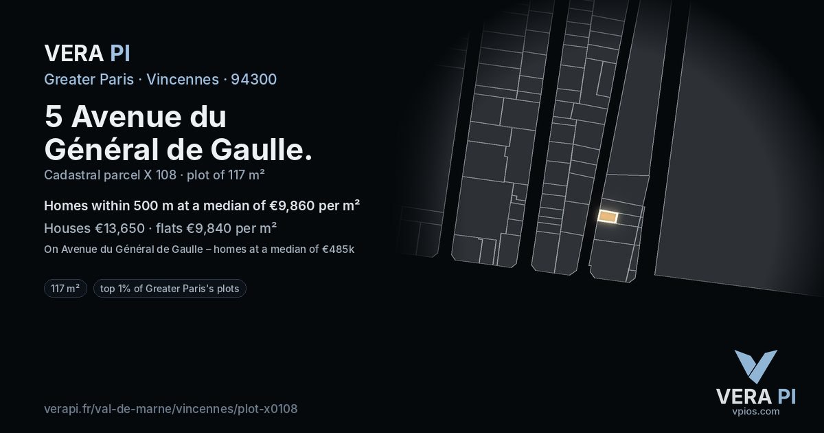 5 Avenue du Général de Gaulle, Vincennes at night – the plot lit, the parcels around coloured by the prices near them