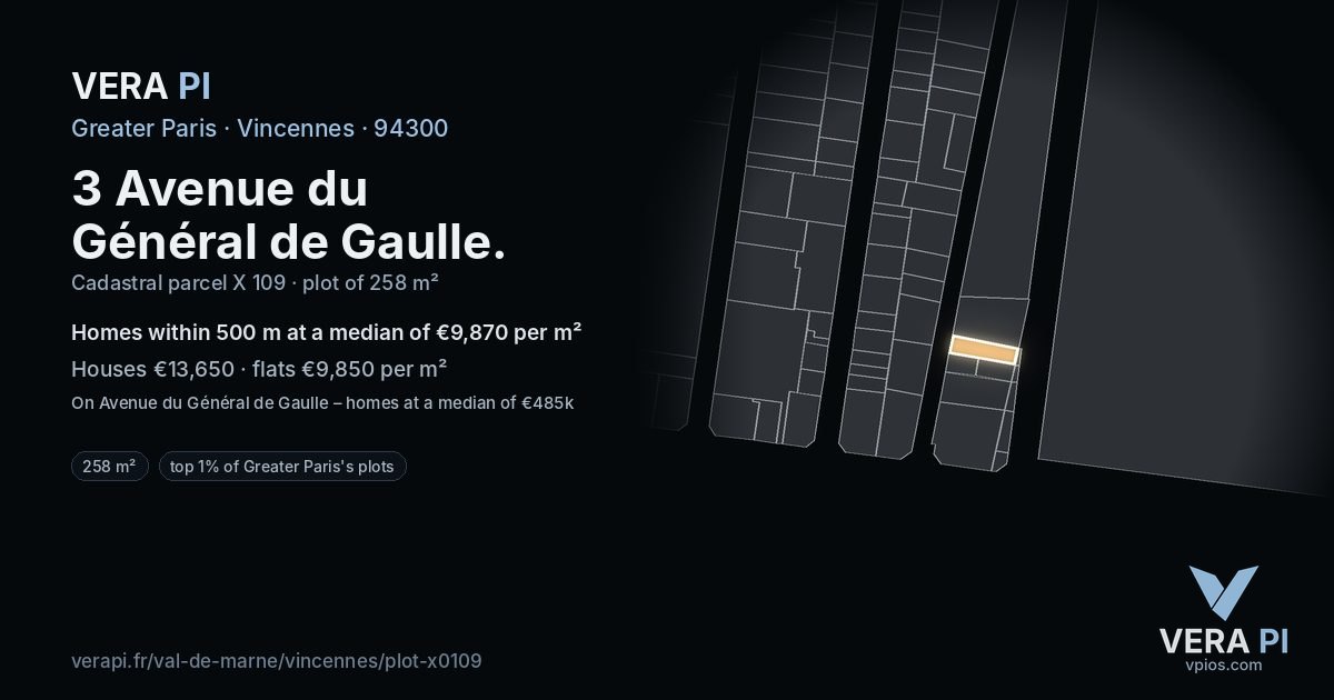 3 Avenue du Général de Gaulle, Vincennes at night – the plot lit, the parcels around coloured by the prices near them