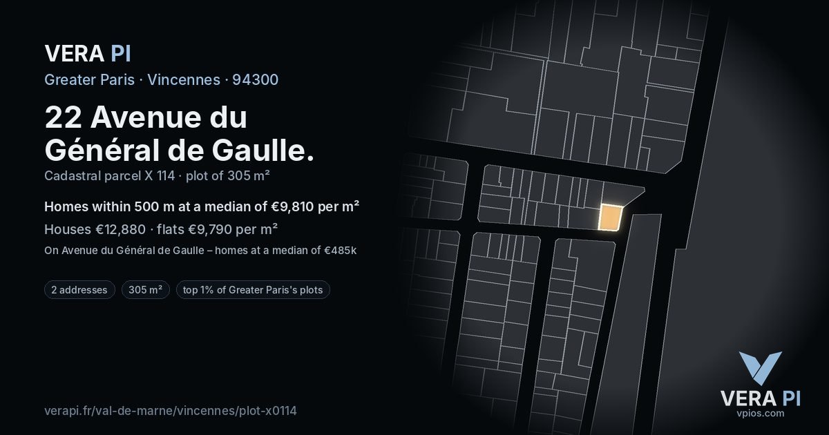 22 Avenue du Général de Gaulle, Vincennes at night – the plot lit, the parcels around coloured by the prices near them