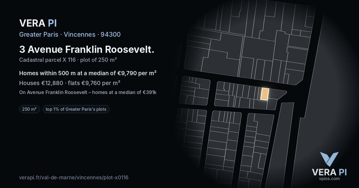 3 Avenue Franklin Roosevelt, Vincennes at night – the plot lit, the parcels around coloured by the prices near them