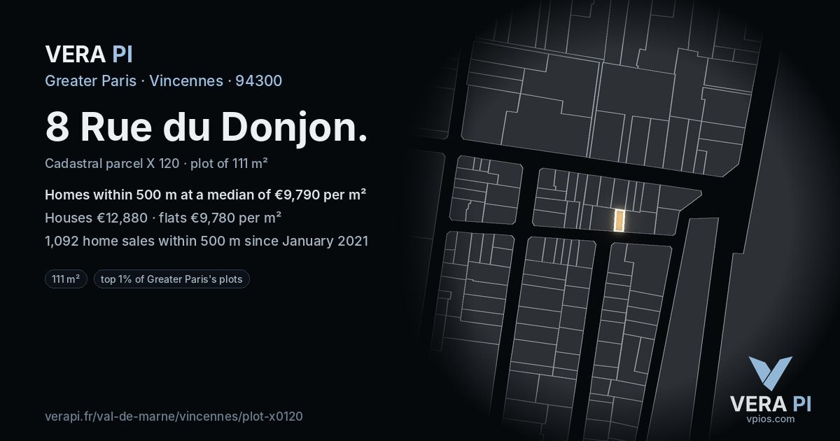8 Rue du Donjon, Vincennes at night – the plot lit, the parcels around coloured by the prices near them