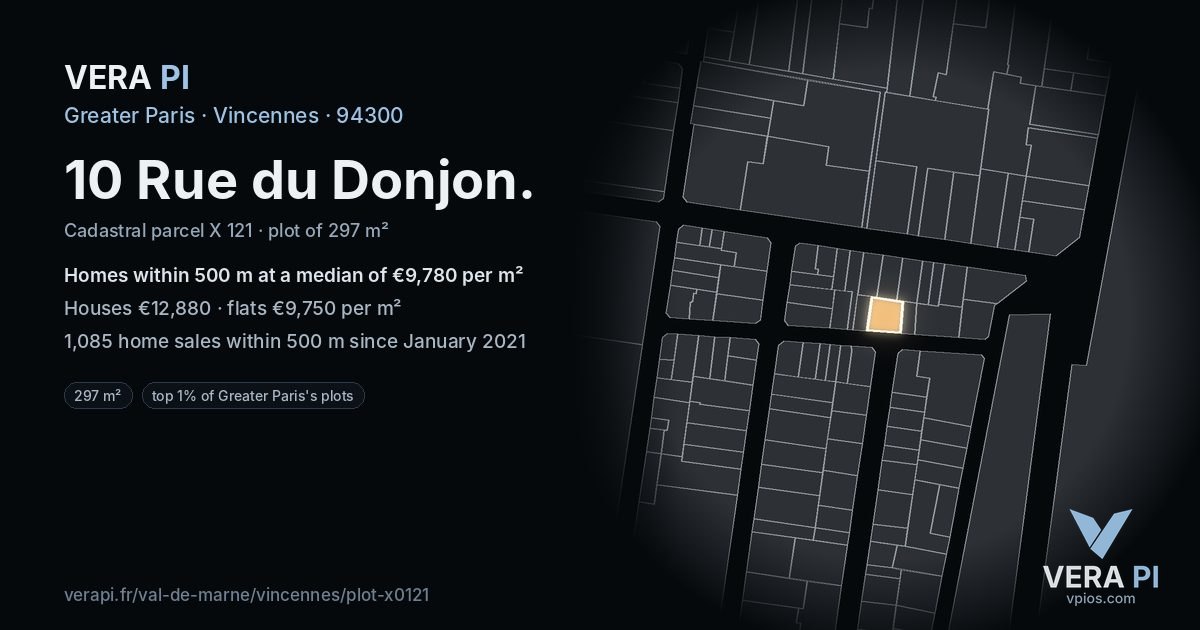 10 Rue du Donjon, Vincennes at night – the plot lit, the parcels around coloured by the prices near them