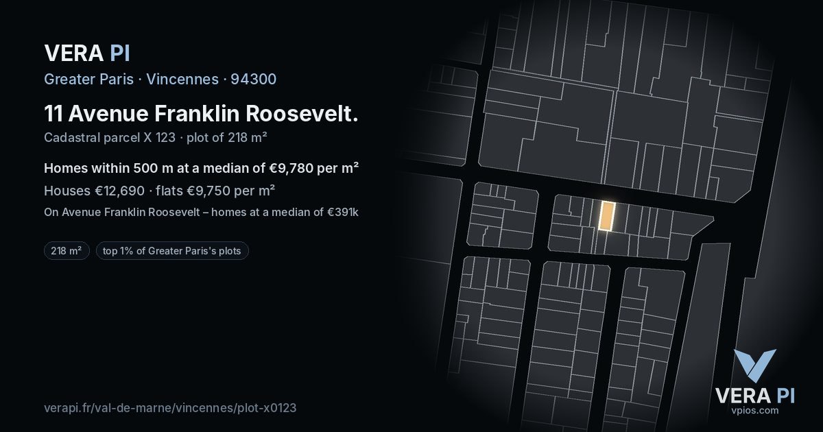 11 Avenue Franklin Roosevelt, Vincennes at night – the plot lit, the parcels around coloured by the prices near them