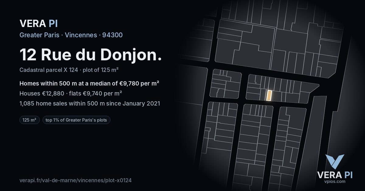 12 Rue du Donjon, Vincennes at night – the plot lit, the parcels around coloured by the prices near them