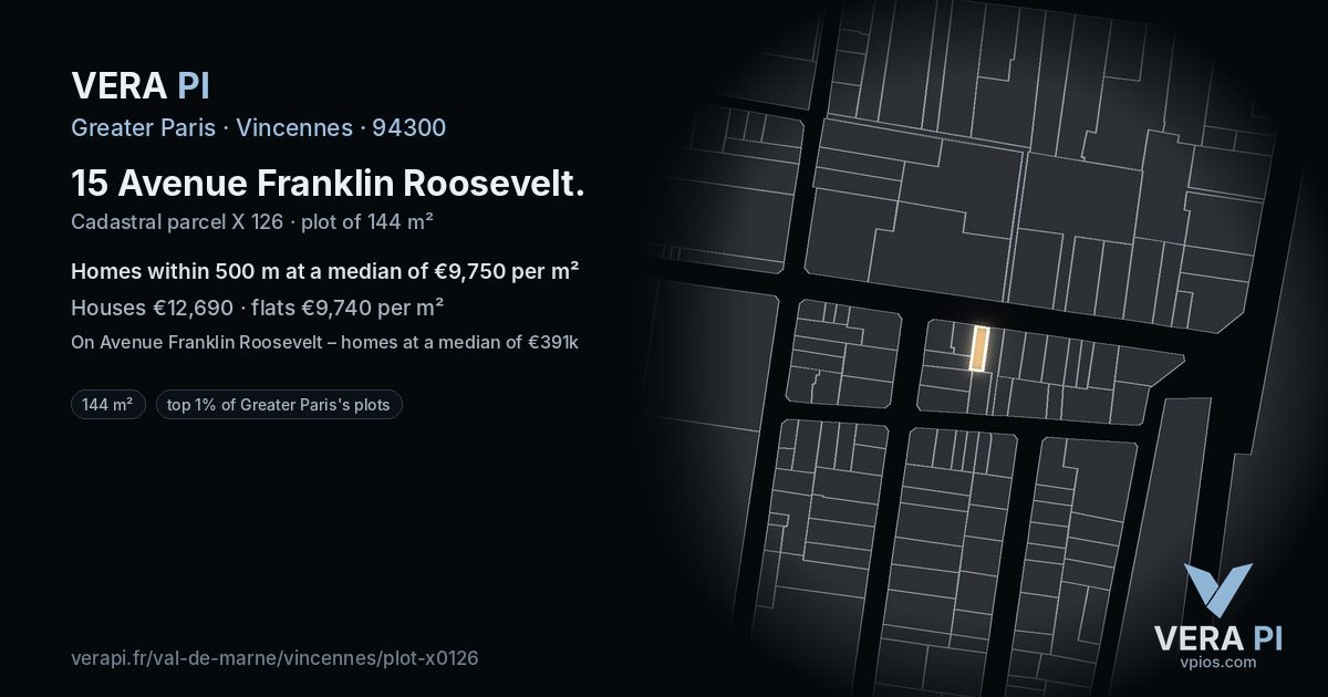 15 Avenue Franklin Roosevelt, Vincennes at night – the plot lit, the parcels around coloured by the prices near them