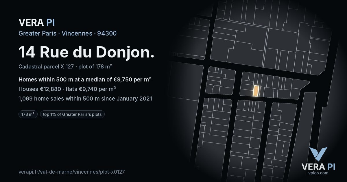 14 Rue du Donjon, Vincennes at night – the plot lit, the parcels around coloured by the prices near them
