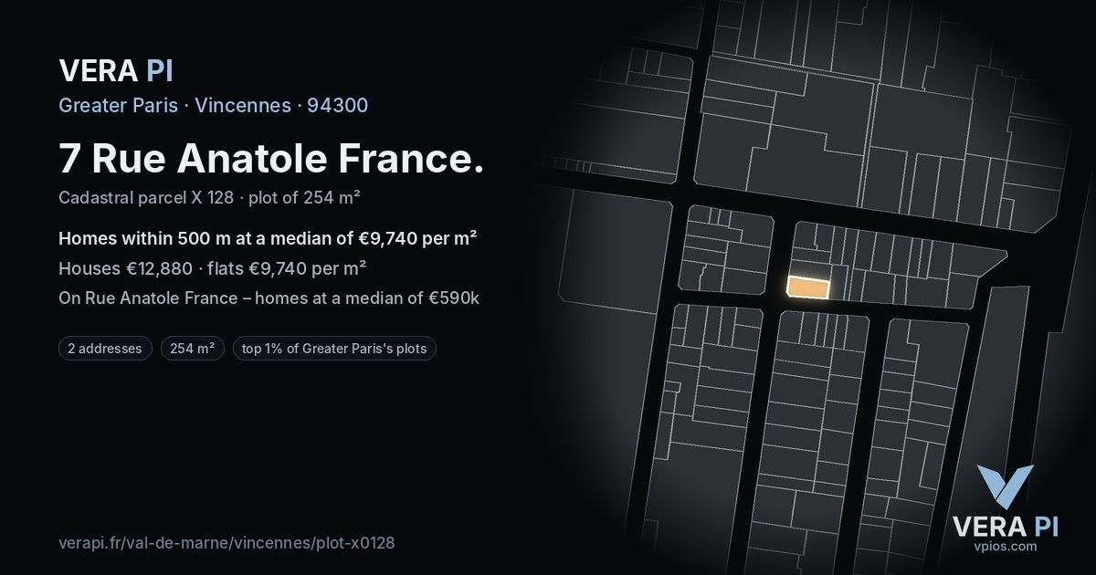 7 Rue Anatole France, Vincennes at night – the plot lit, the parcels around coloured by the prices near them