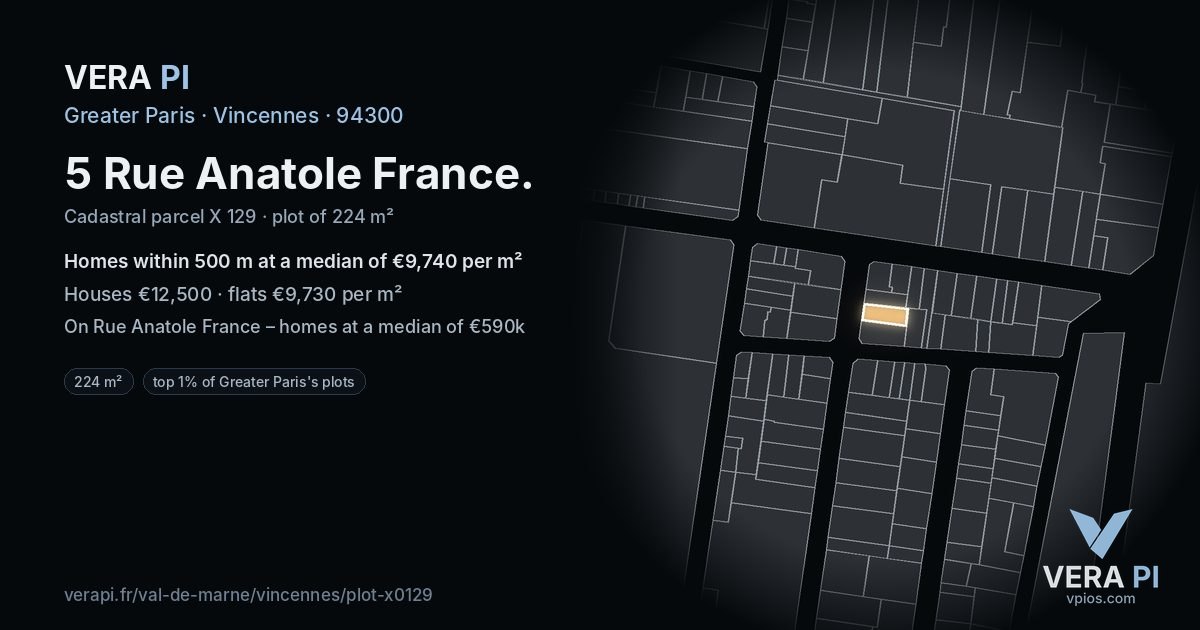5 Rue Anatole France, Vincennes at night – the plot lit, the parcels around coloured by the prices near them