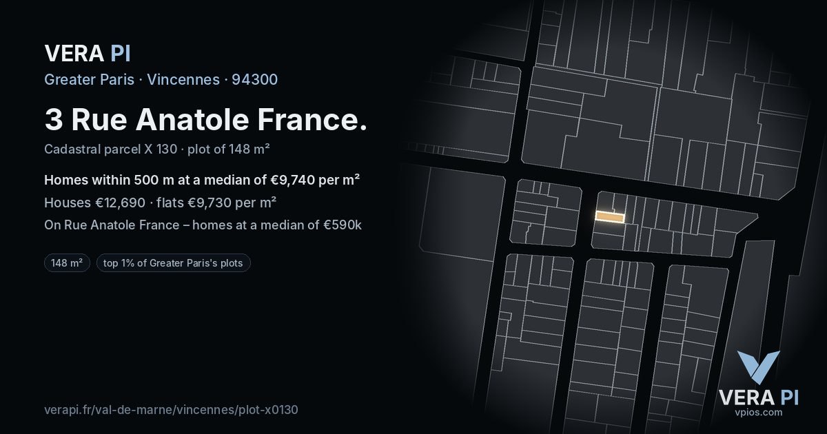 3 Rue Anatole France, Vincennes at night – the plot lit, the parcels around coloured by the prices near them