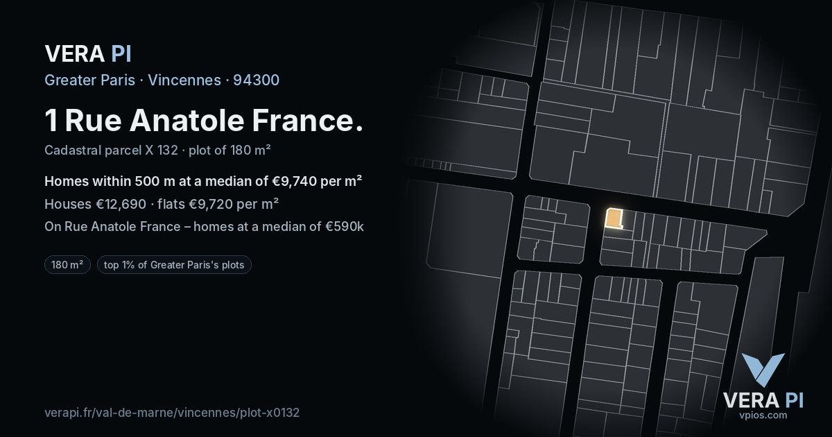 1 Rue Anatole France, Vincennes at night – the plot lit, the parcels around coloured by the prices near them