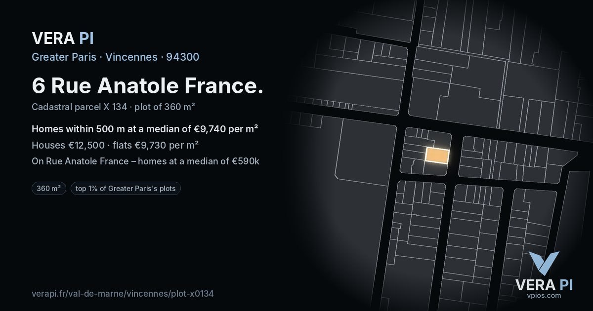 6 Rue Anatole France, Vincennes at night – the plot lit, the parcels around coloured by the prices near them