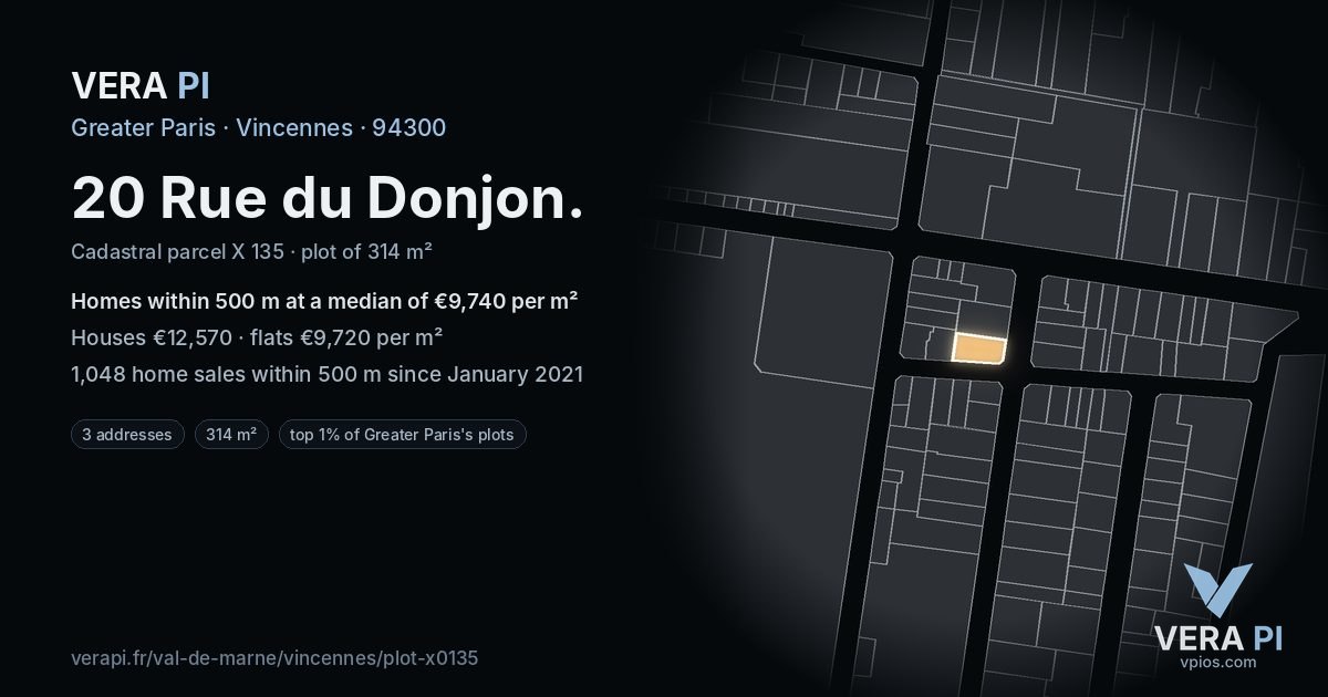20 Rue du Donjon, Vincennes at night – the plot lit, the parcels around coloured by the prices near them