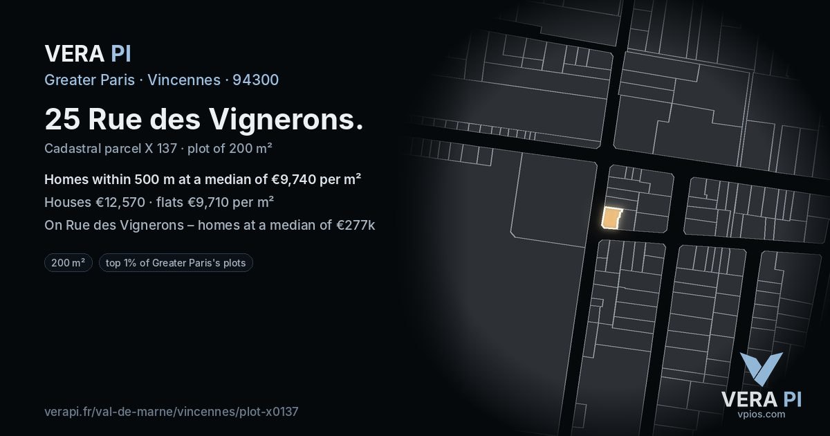 25 Rue des Vignerons, Vincennes at night – the plot lit, the parcels around coloured by the prices near them