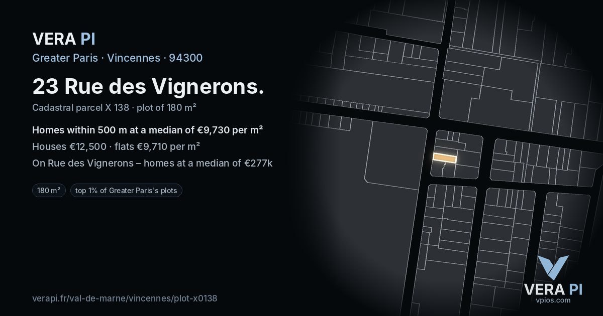 23 Rue des Vignerons, Vincennes at night – the plot lit, the parcels around coloured by the prices near them