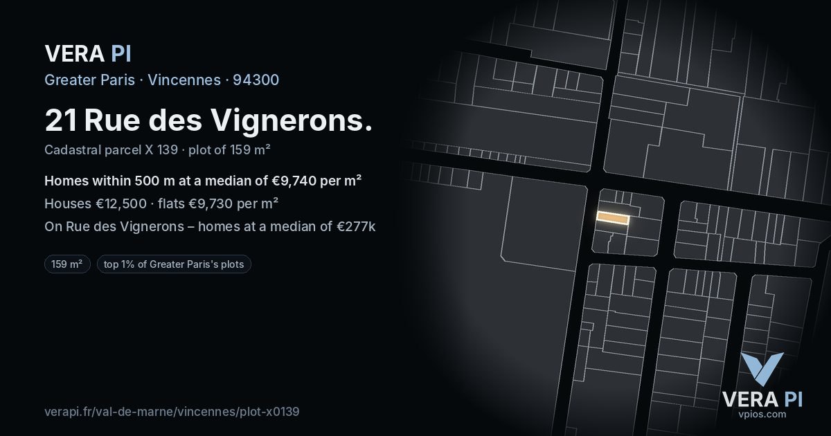 21 Rue des Vignerons, Vincennes at night – the plot lit, the parcels around coloured by the prices near them