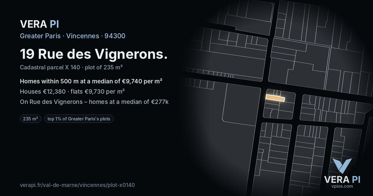 19 Rue des Vignerons, Vincennes at night – the plot lit, the parcels around coloured by the prices near them