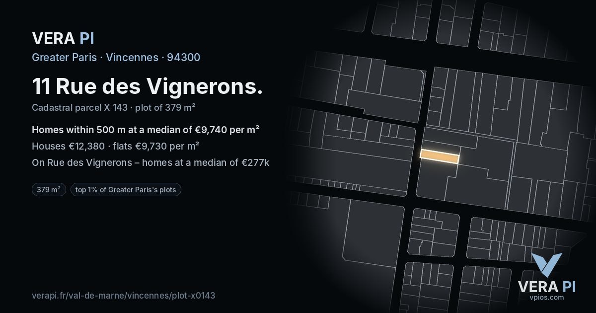 11 Rue des Vignerons, Vincennes at night – the plot lit, the parcels around coloured by the prices near them