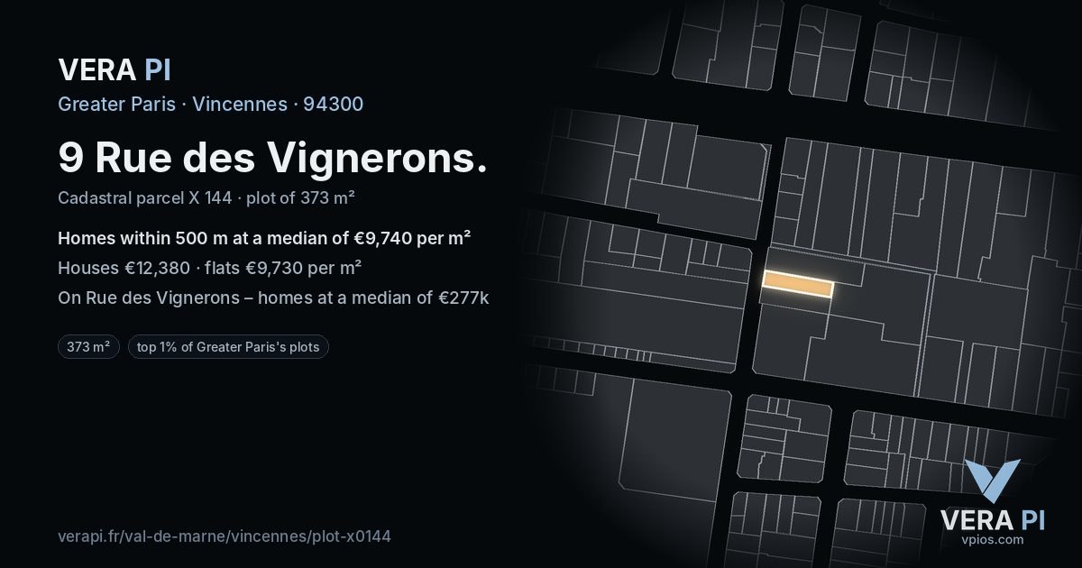 9 Rue des Vignerons, Vincennes at night – the plot lit, the parcels around coloured by the prices near them
