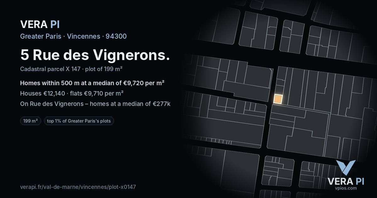 5 Rue des Vignerons, Vincennes at night – the plot lit, the parcels around coloured by the prices near them