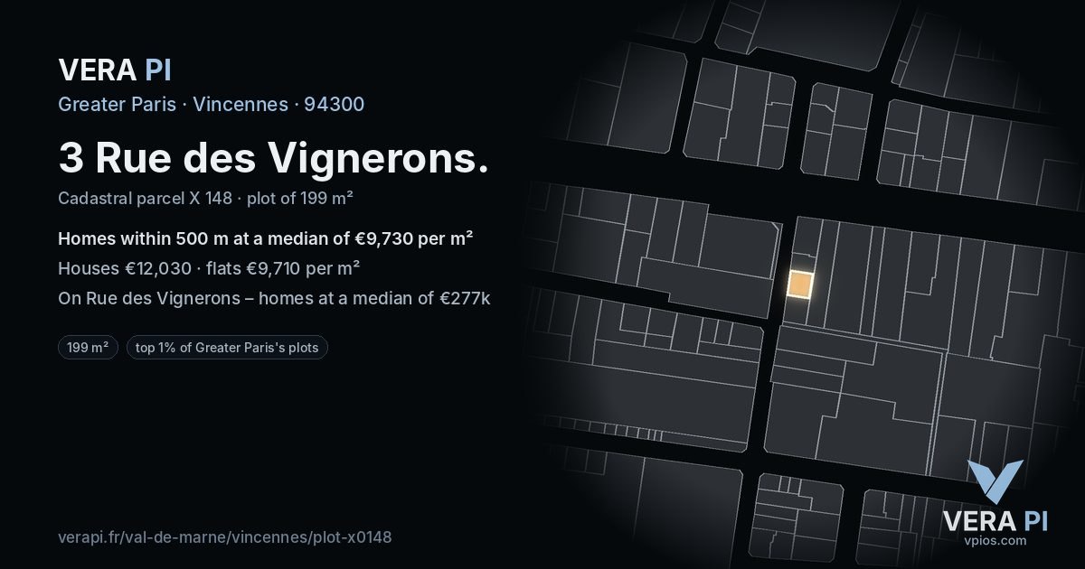 3 Rue des Vignerons, Vincennes at night – the plot lit, the parcels around coloured by the prices near them