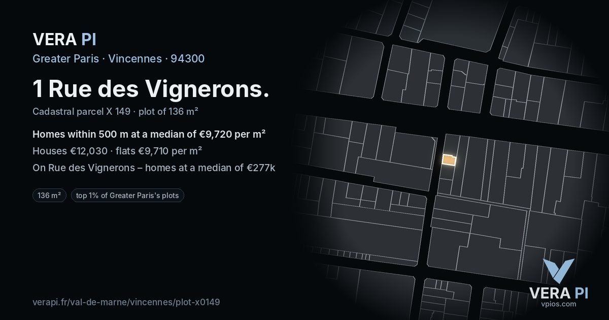 1 Rue des Vignerons, Vincennes at night – the plot lit, the parcels around coloured by the prices near them