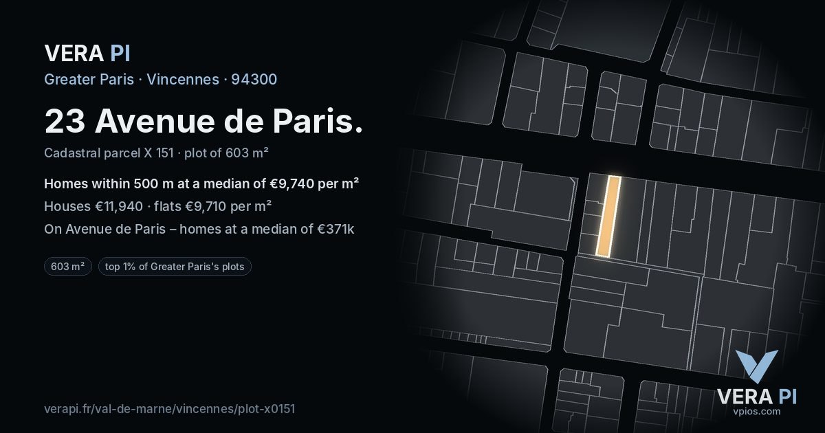 23 Avenue de Paris, Vincennes at night – the plot lit, the parcels around coloured by the prices near them