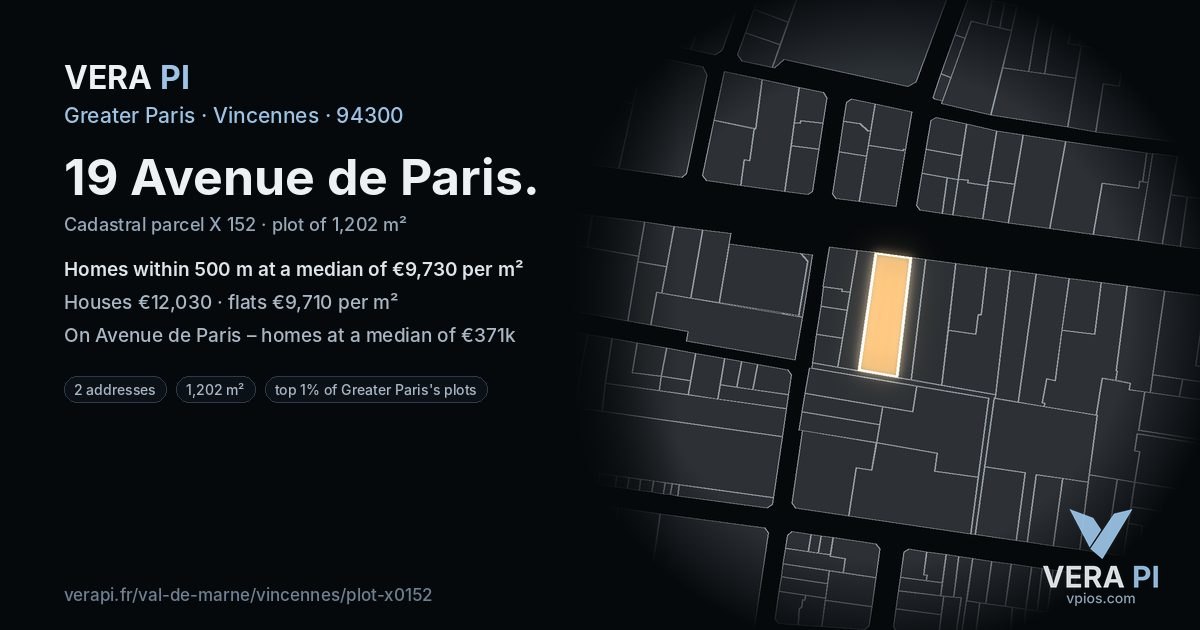 19 Avenue de Paris, Vincennes at night – the plot lit, the parcels around coloured by the prices near them