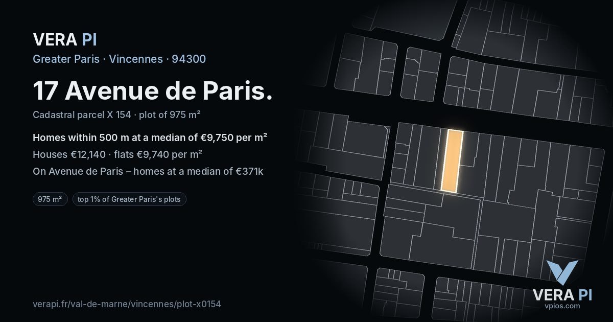 17 Avenue de Paris, Vincennes at night – the plot lit, the parcels around coloured by the prices near them