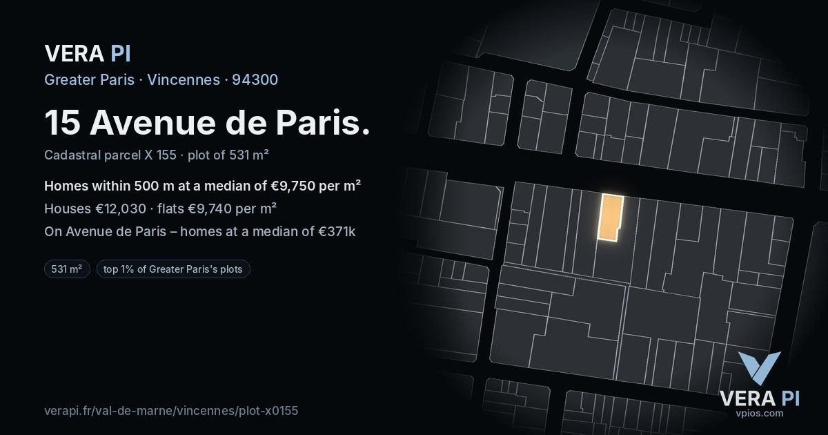 15 Avenue de Paris, Vincennes at night – the plot lit, the parcels around coloured by the prices near them