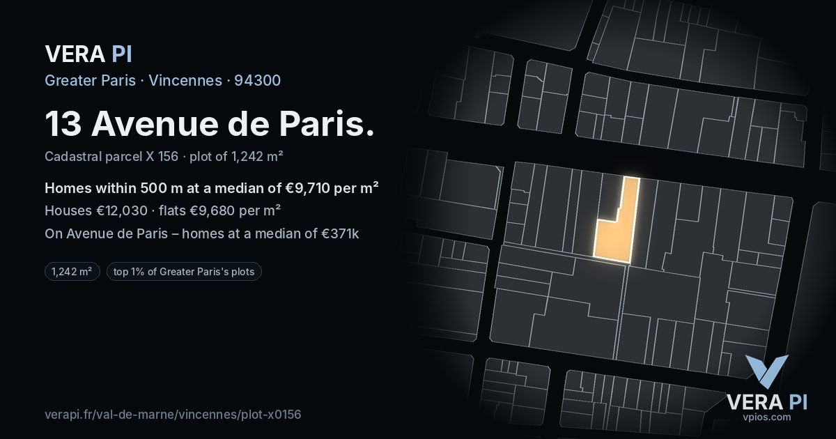 13 Avenue de Paris, Vincennes at night – the plot lit, the parcels around coloured by the prices near them