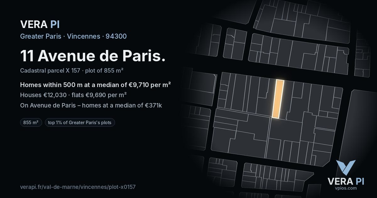 11 Avenue de Paris, Vincennes at night – the plot lit, the parcels around coloured by the prices near them