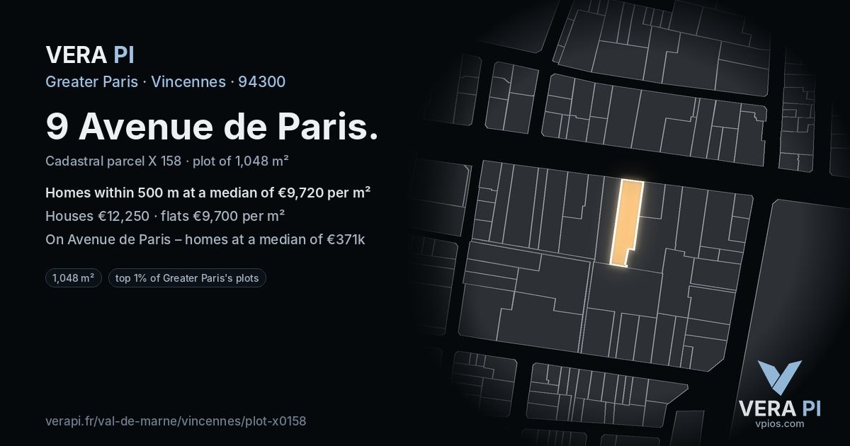 9 Avenue de Paris, Vincennes at night – the plot lit, the parcels around coloured by the prices near them