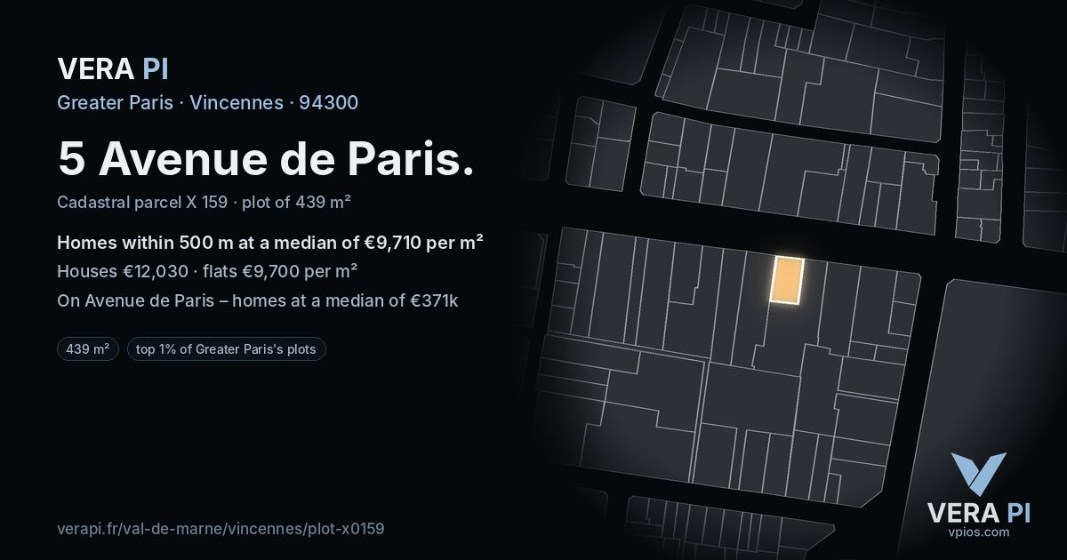 5 Avenue de Paris, Vincennes at night – the plot lit, the parcels around coloured by the prices near them