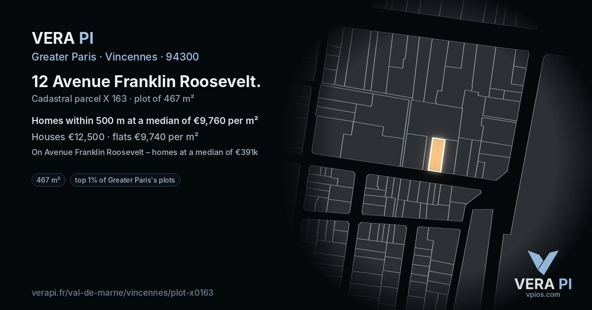 12 Avenue Franklin Roosevelt, Vincennes at night – the plot lit, the parcels around coloured by the prices near them
