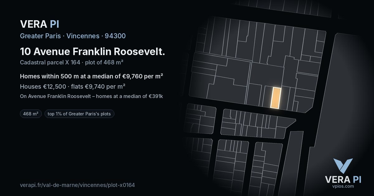 10 Avenue Franklin Roosevelt, Vincennes at night – the plot lit, the parcels around coloured by the prices near them