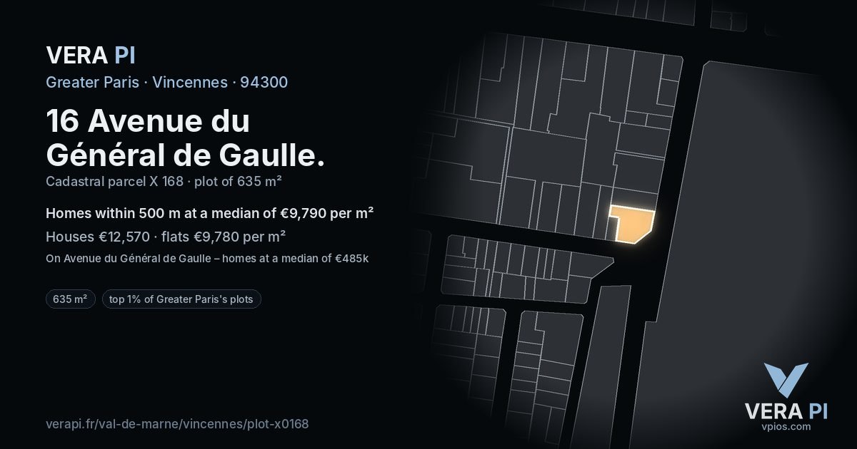 16 Avenue du Général de Gaulle, Vincennes at night – the plot lit, the parcels around coloured by the prices near them