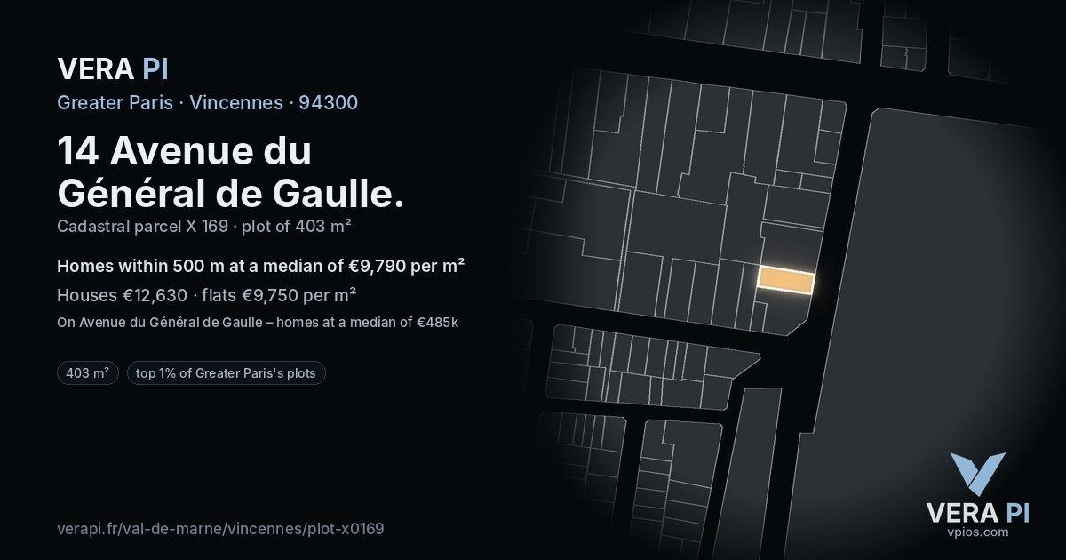 14 Avenue du Général de Gaulle, Vincennes at night – the plot lit, the parcels around coloured by the prices near them