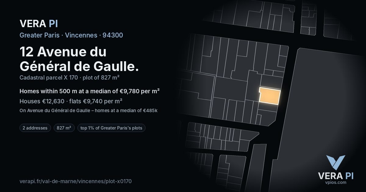 12 Avenue du Général de Gaulle, Vincennes at night – the plot lit, the parcels around coloured by the prices near them