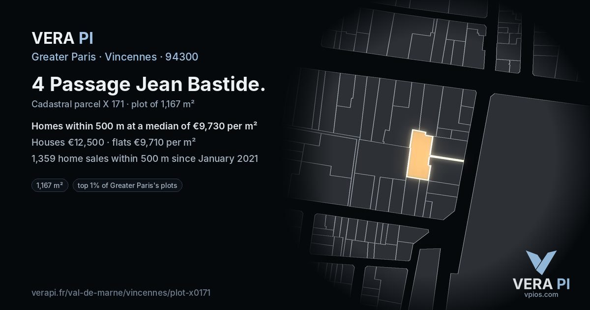 4 Passage Jean Bastide, Vincennes at night – the plot lit, the parcels around coloured by the prices near them