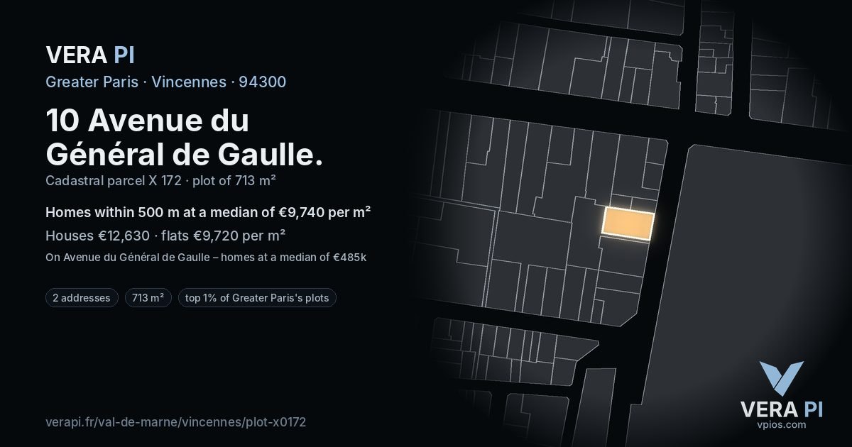 10 Avenue du Général de Gaulle, Vincennes at night – the plot lit, the parcels around coloured by the prices near them