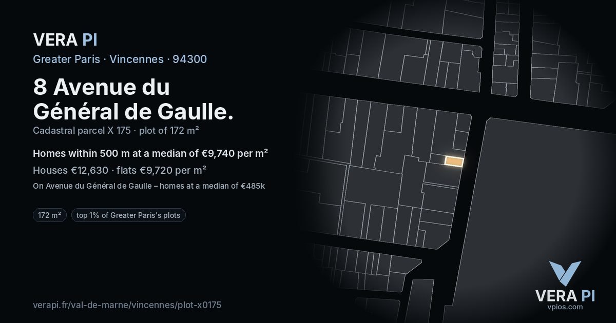 8 Avenue du Général de Gaulle, Vincennes at night – the plot lit, the parcels around coloured by the prices near them