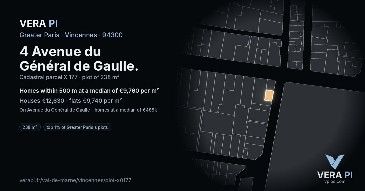 4 Avenue du Général de Gaulle, Vincennes at night – the plot lit, the parcels around coloured by the prices near them