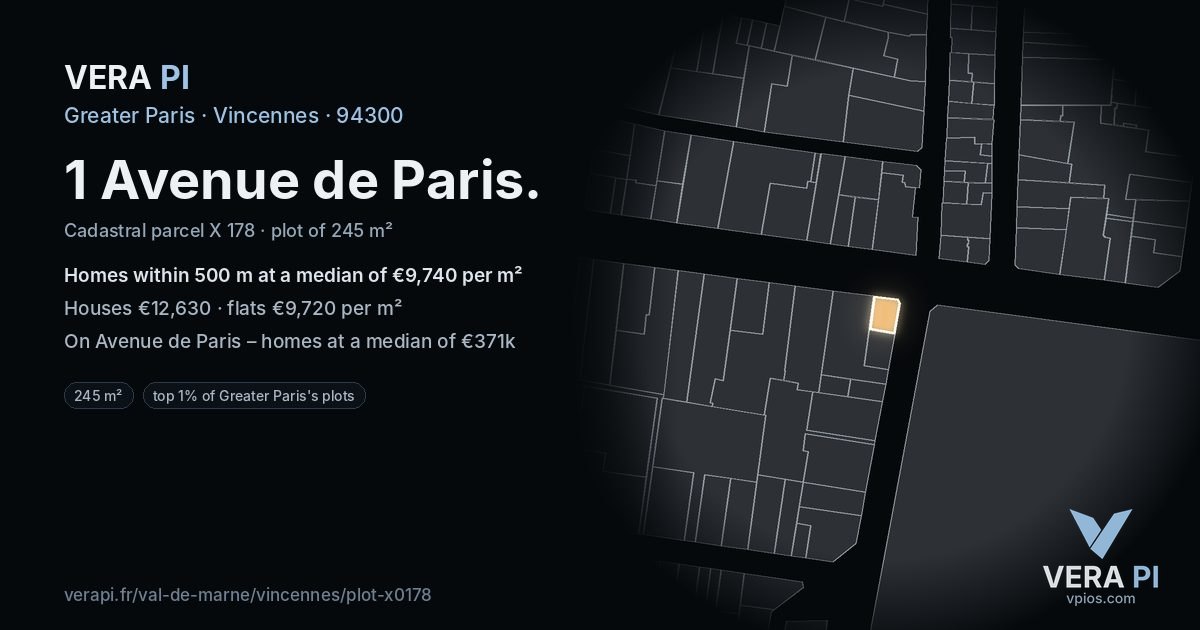 1 Avenue de Paris, Vincennes at night – the plot lit, the parcels around coloured by the prices near them