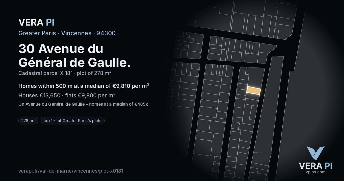 30 Avenue du Général de Gaulle, Vincennes at night – the plot lit, the parcels around coloured by the prices near them