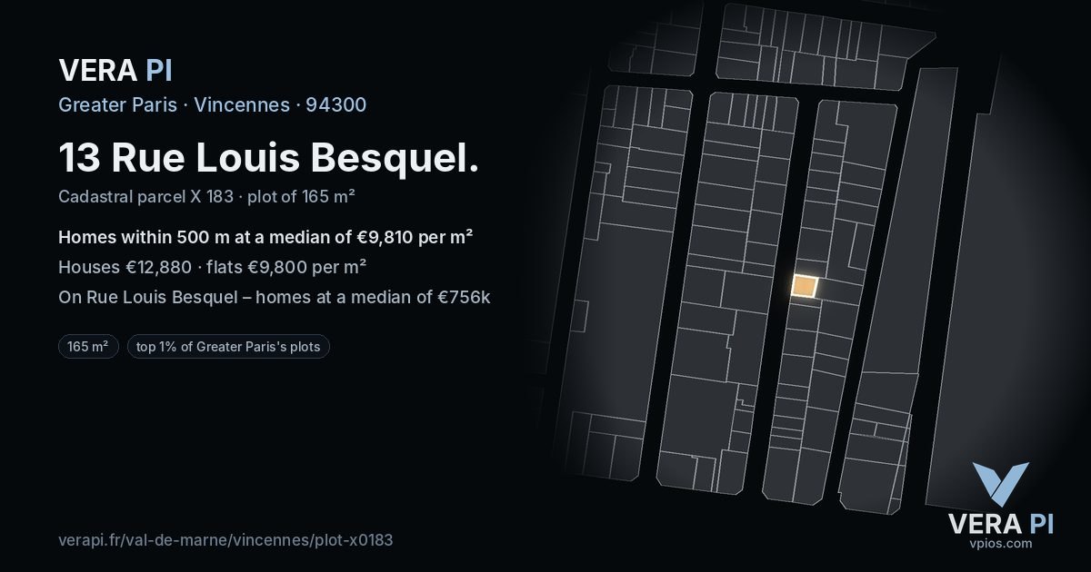 13 Rue Louis Besquel, Vincennes at night – the plot lit, the parcels around coloured by the prices near them